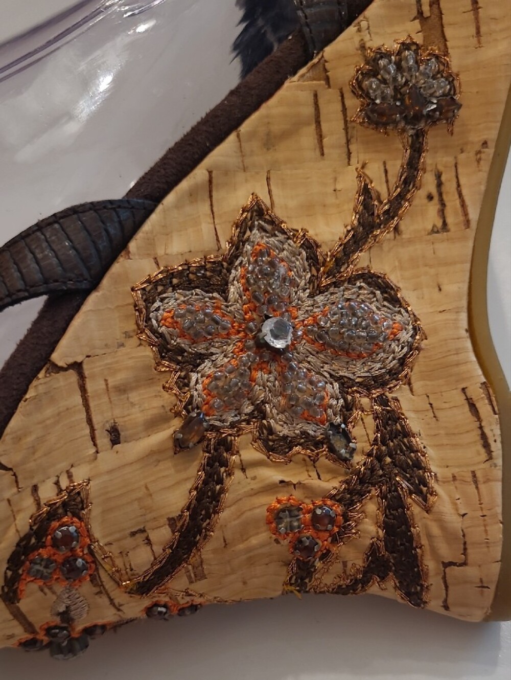 Bandolino Beaded Flower Accent Cork Wedge Sandals Bohemian Ankle Strap Heel Y2K - Picture 8 of 17